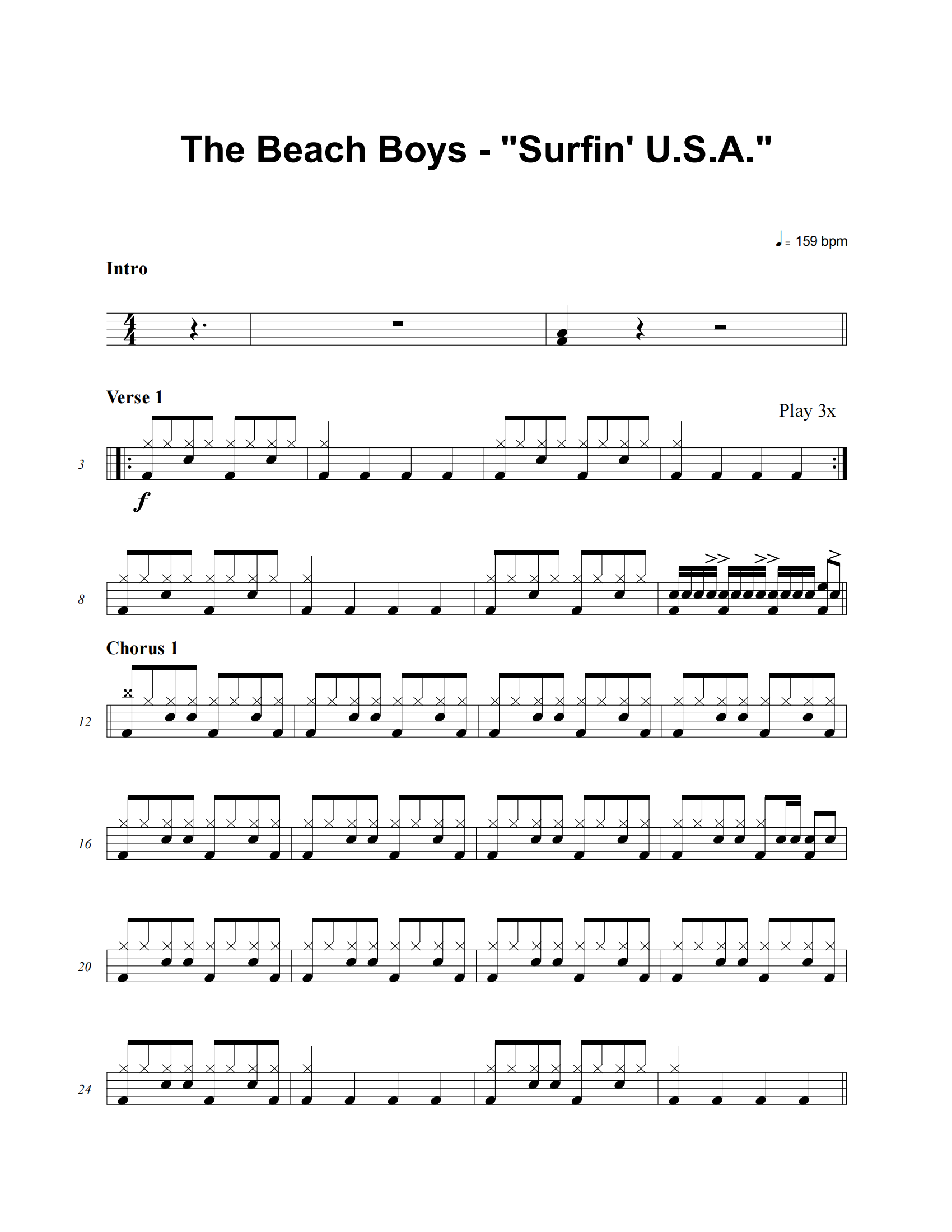 Surfin' U.S.A.鼓谱 The Beach Boys《Surfin' U.S.A.》架子鼓|爵士鼓|鼓谱