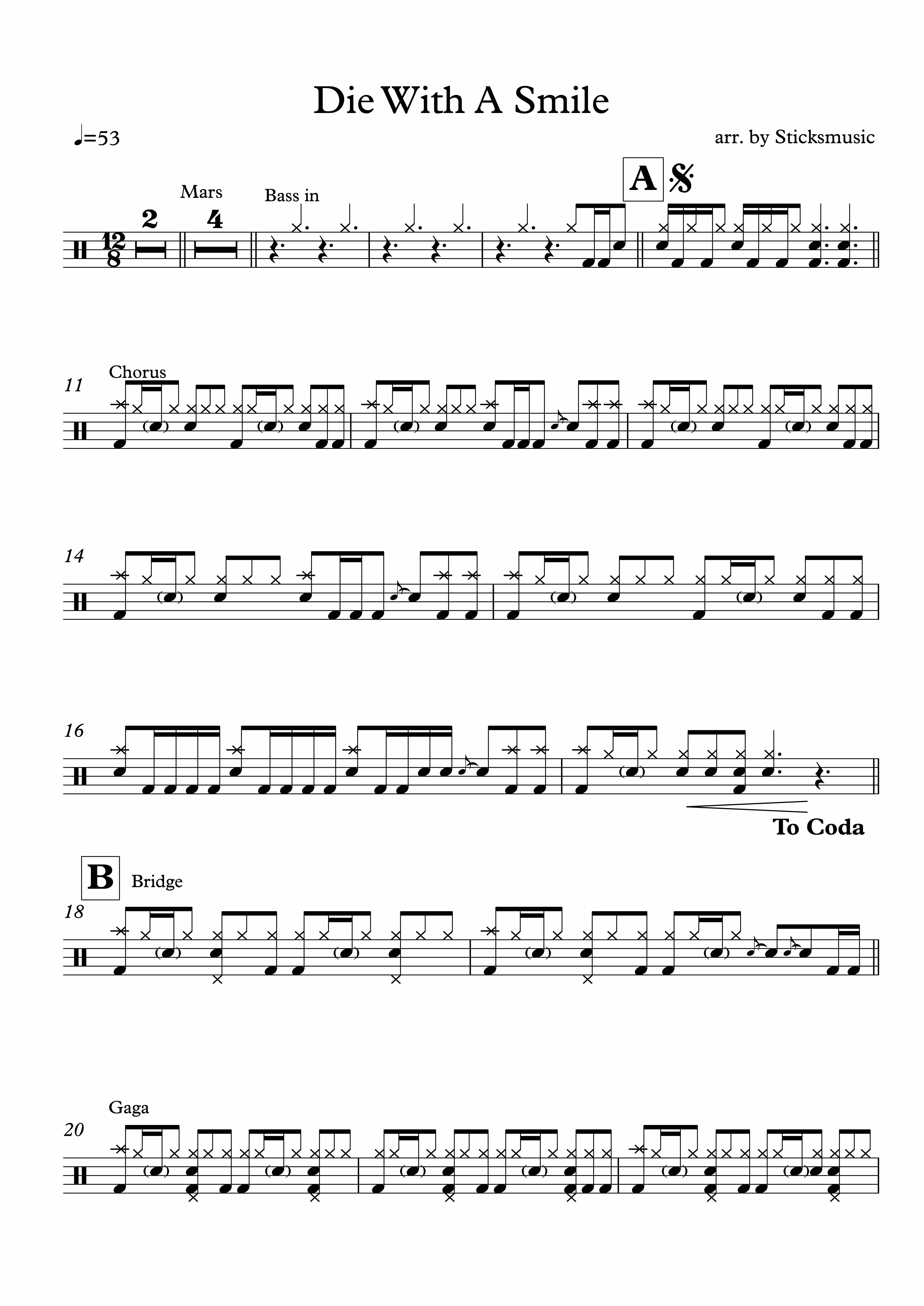 Lady Gaga and Bruno Mars-Die with a smile架子鼓|爵士鼓|鼓谱