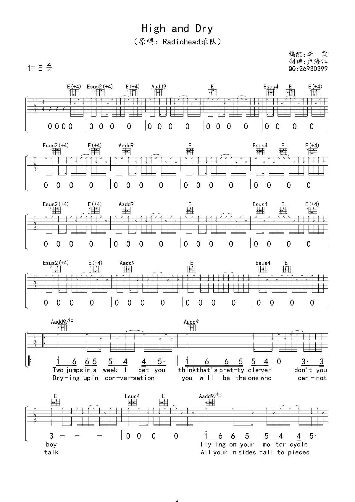 《High and Dry》吉他谱_六线谱E调_Radiohead乐队