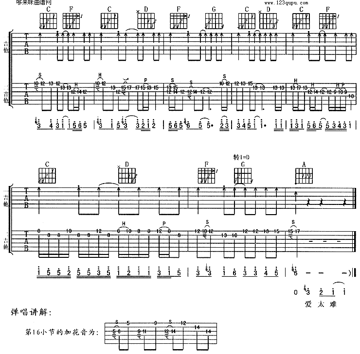 《爱太难》吉他谱六线谱D调双吉他谱_零点乐队