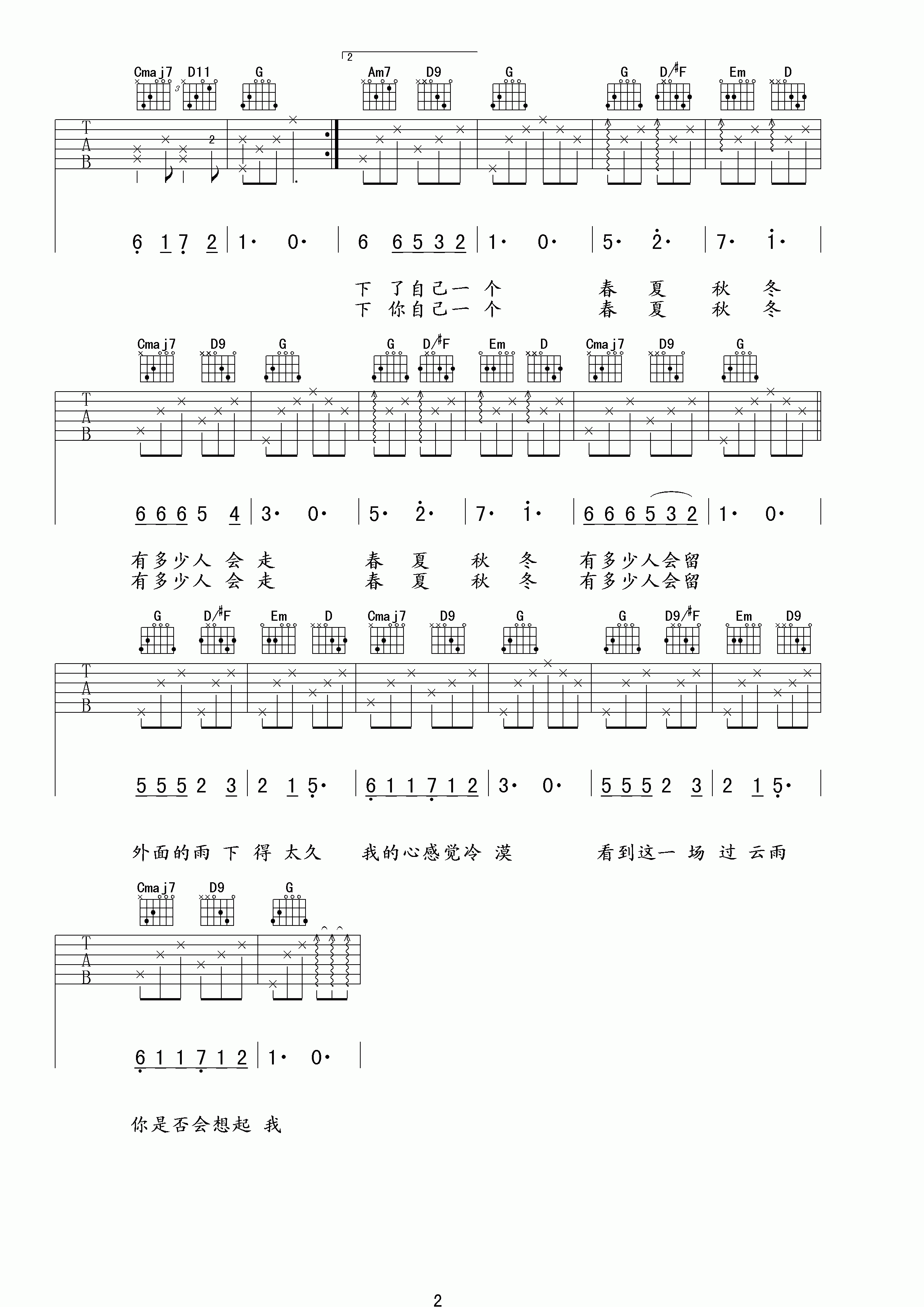 《过云雨》吉他谱六线谱_原调降G_张敬轩