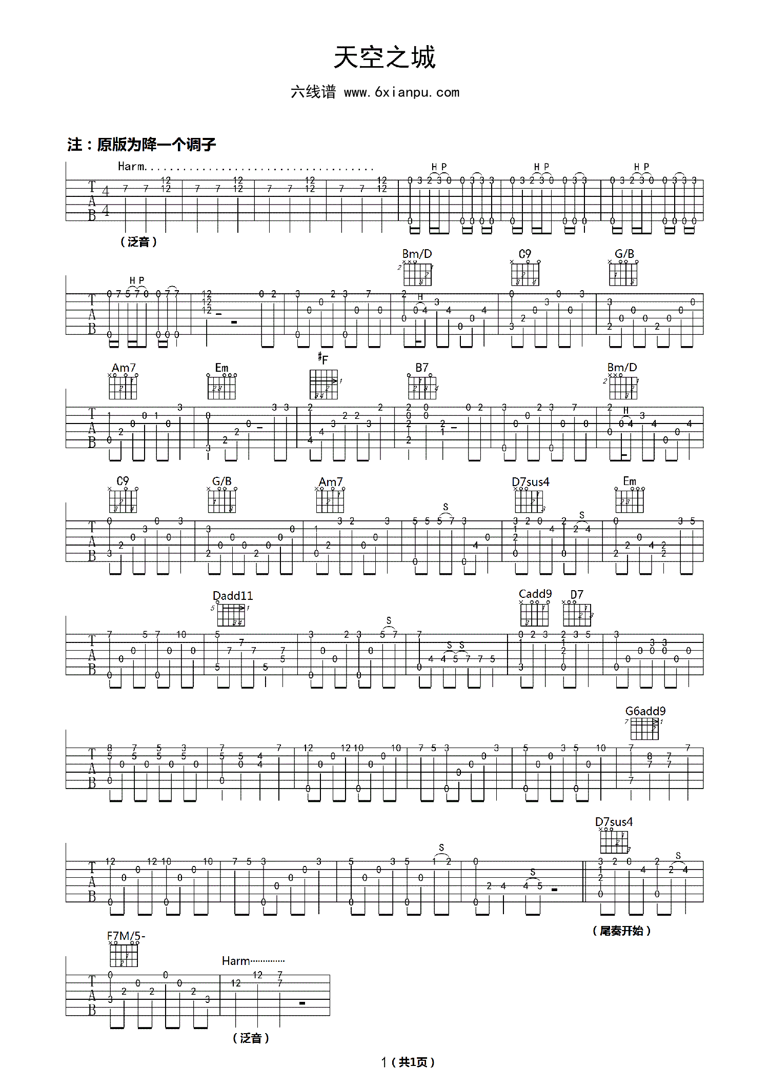 《天空之城》指弹独奏曲吉他谱三脚猫编配分享给大家