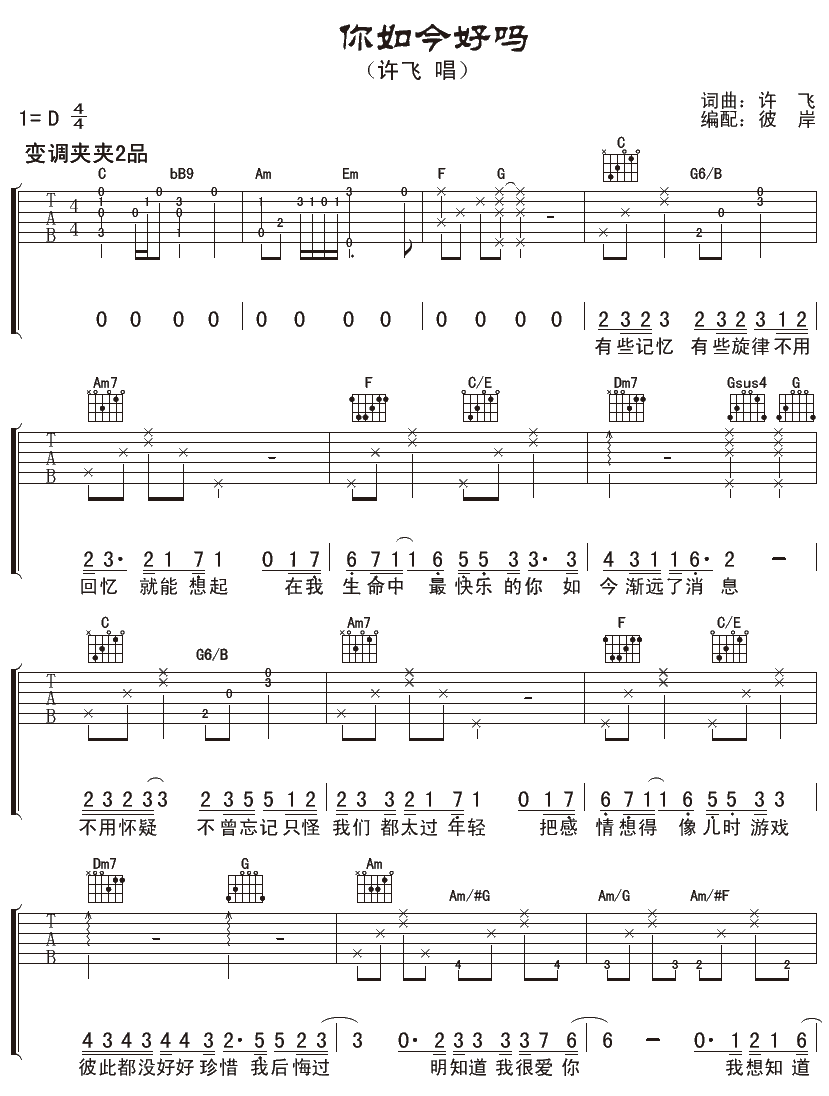 《你如今好吗》吉他谱六线谱D调＿许飞