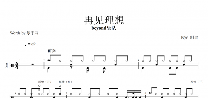 beyond乐队 再见理想鼓谱 黄家驹-再见理想架子鼓附(动态鼓谱)演示