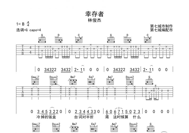 林俊杰《幸存者》吉他谱六线谱 