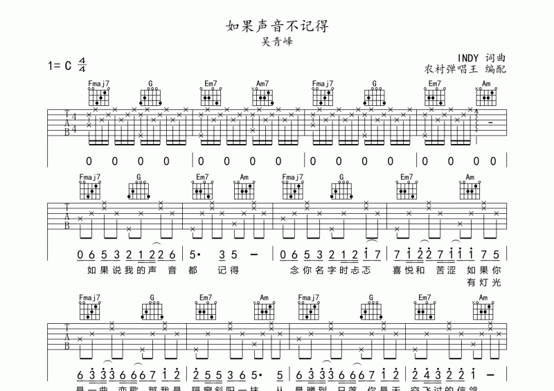 如果声音不记得吉他谱 吴青峰《如果声音不记得》吉他六线谱