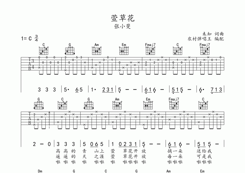 萱草花吉他谱 张小斐《萱草花》吉他弹唱谱
