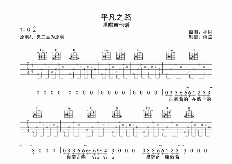 朴树-平凡之路弹唱吉他谱拍弦版