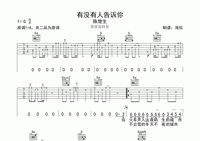 陈楚生-有没有人告诉你弹唱吉他谱