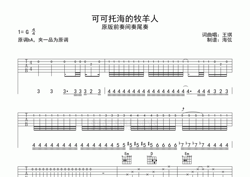 王琪-可可托海的牧羊人弹唱吉他谱