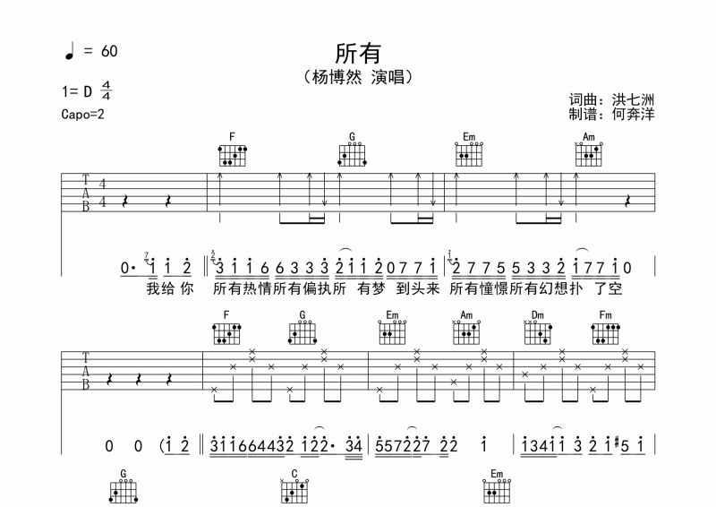 杨博然《所有》原版吉他谱六线谱
