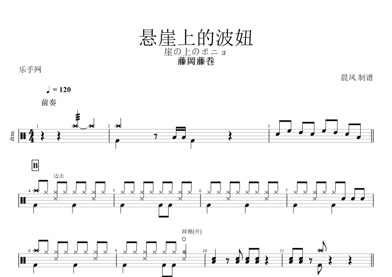 藤岡藤巻-悬崖上的波妞(崖の上のポニョ)架子鼓谱+动态鼓谱