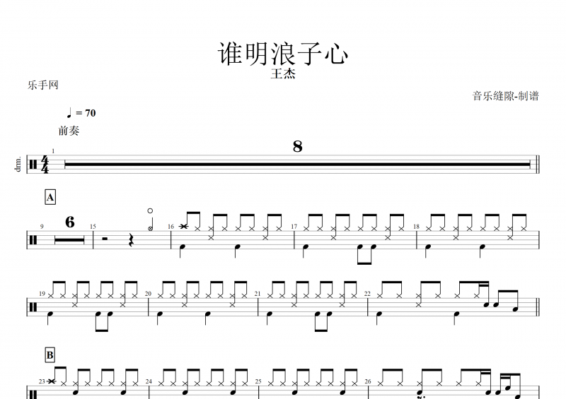 谁明浪子心鼓谱 王杰《谁明浪子心》架子鼓谱