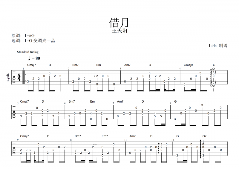 王天阳-借月吉他谱指弹(独奏曲)