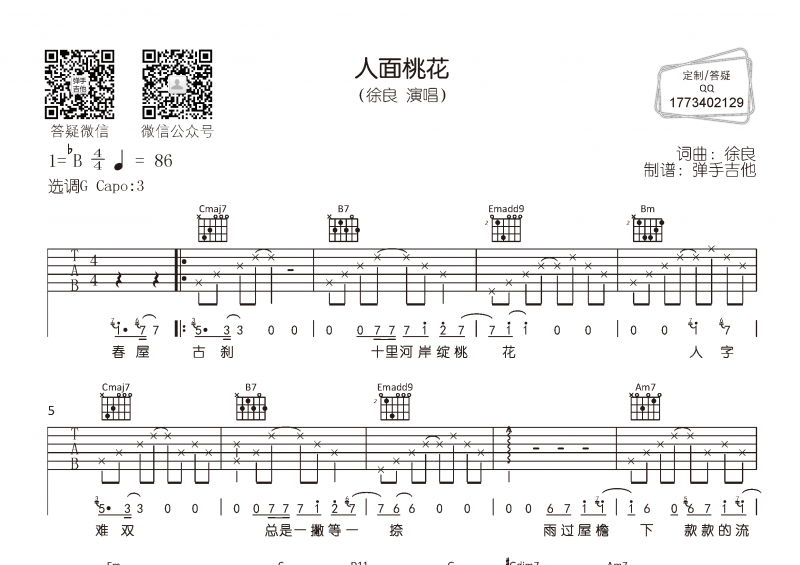 徐良-人面桃花吉他谱G调弹唱谱