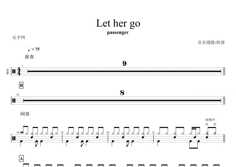 passenger-Let her go架子鼓谱+动态鼓谱