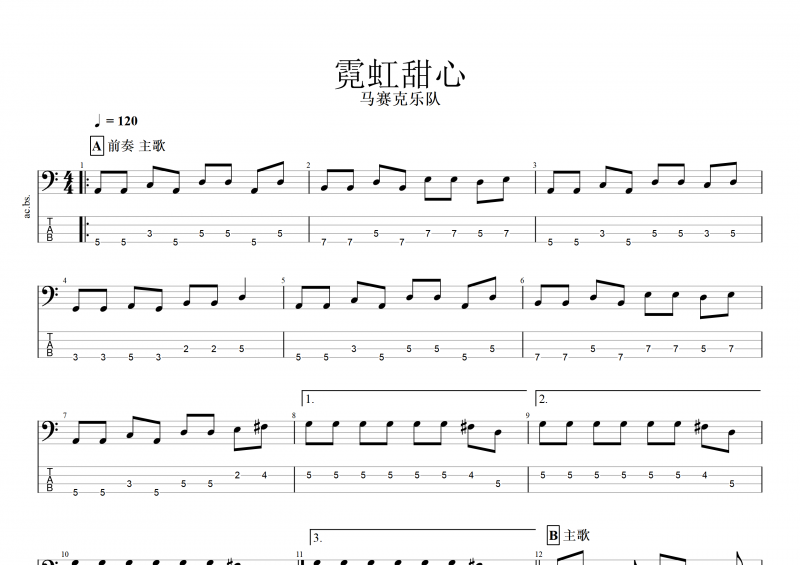 霓虹甜心贝斯谱 马赛克乐队-霓虹甜心贝司BASS谱