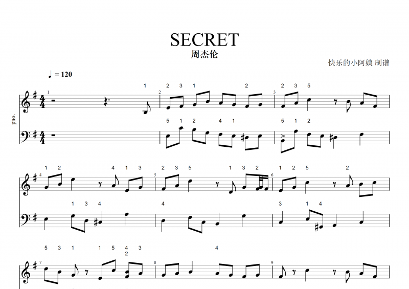 周杰伦-SECRET钢琴谱五线谱