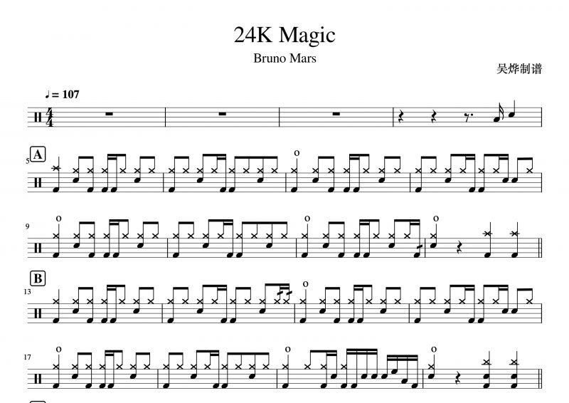 Burno Mars/火星哥-24k Magic架子鼓谱爵士鼓曲谱