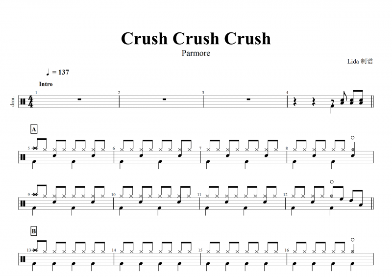 Parmore-Crush Crush Crush架子鼓谱+动态鼓谱