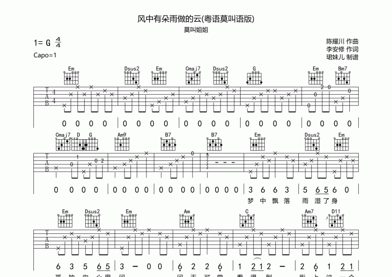莫叫姐姐-风中有朵雨做的云 (粤语莫叫语版)吉他谱六线谱