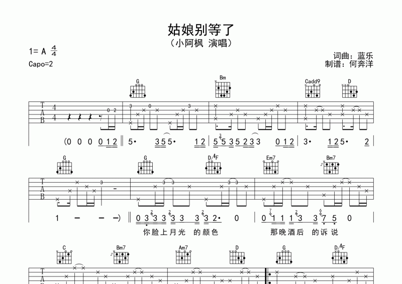 小阿枫《姑娘别等了》吉他谱六线谱G调