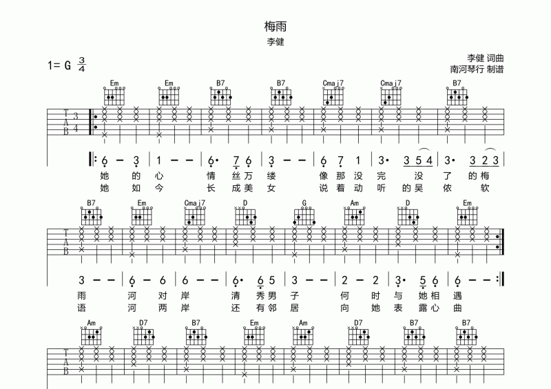 李健《梅雨》吉他谱六线谱G调弹唱