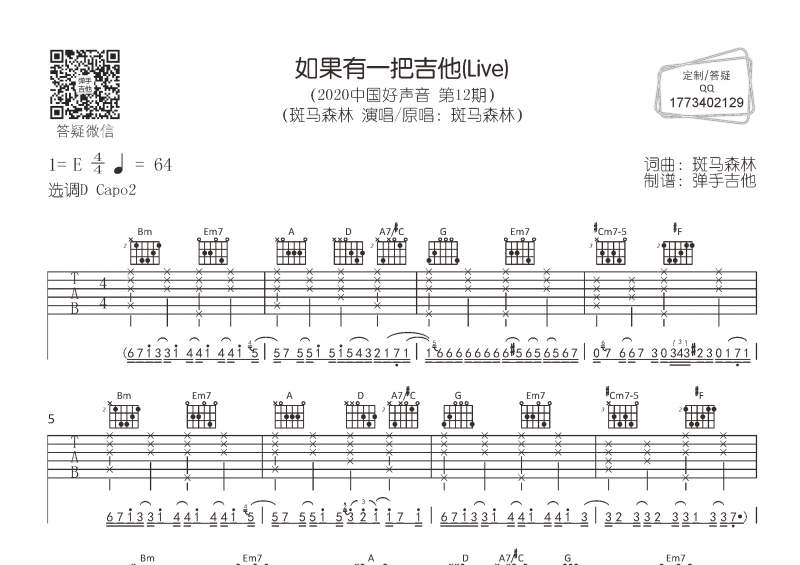 斑马森林《如果有一把吉他》吉他谱D调指法编配