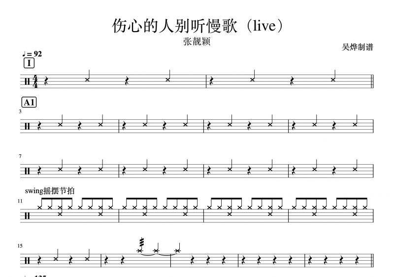 张靓颖-伤心的人别听慢歌（live）架子鼓谱爵士鼓曲谱