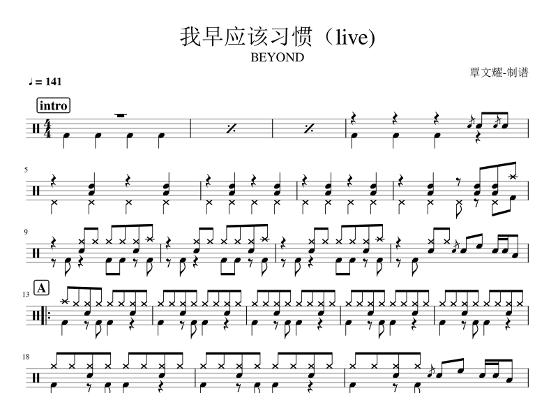 BEYOND乐队 黄贯中-我早应该习惯(live)架子鼓谱爵士鼓曲谱