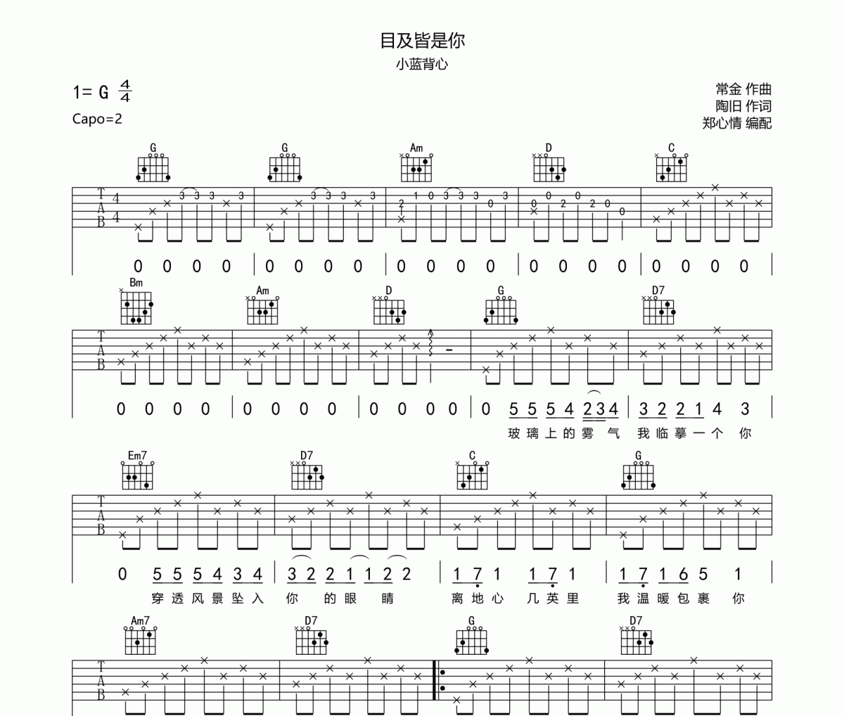 小蓝背心《目及皆是你》吉他谱六线谱G调编配
