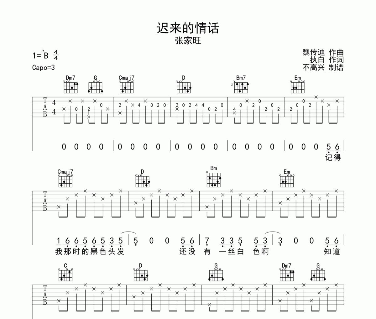 张家旺《迟来的情话》吉他谱六线谱