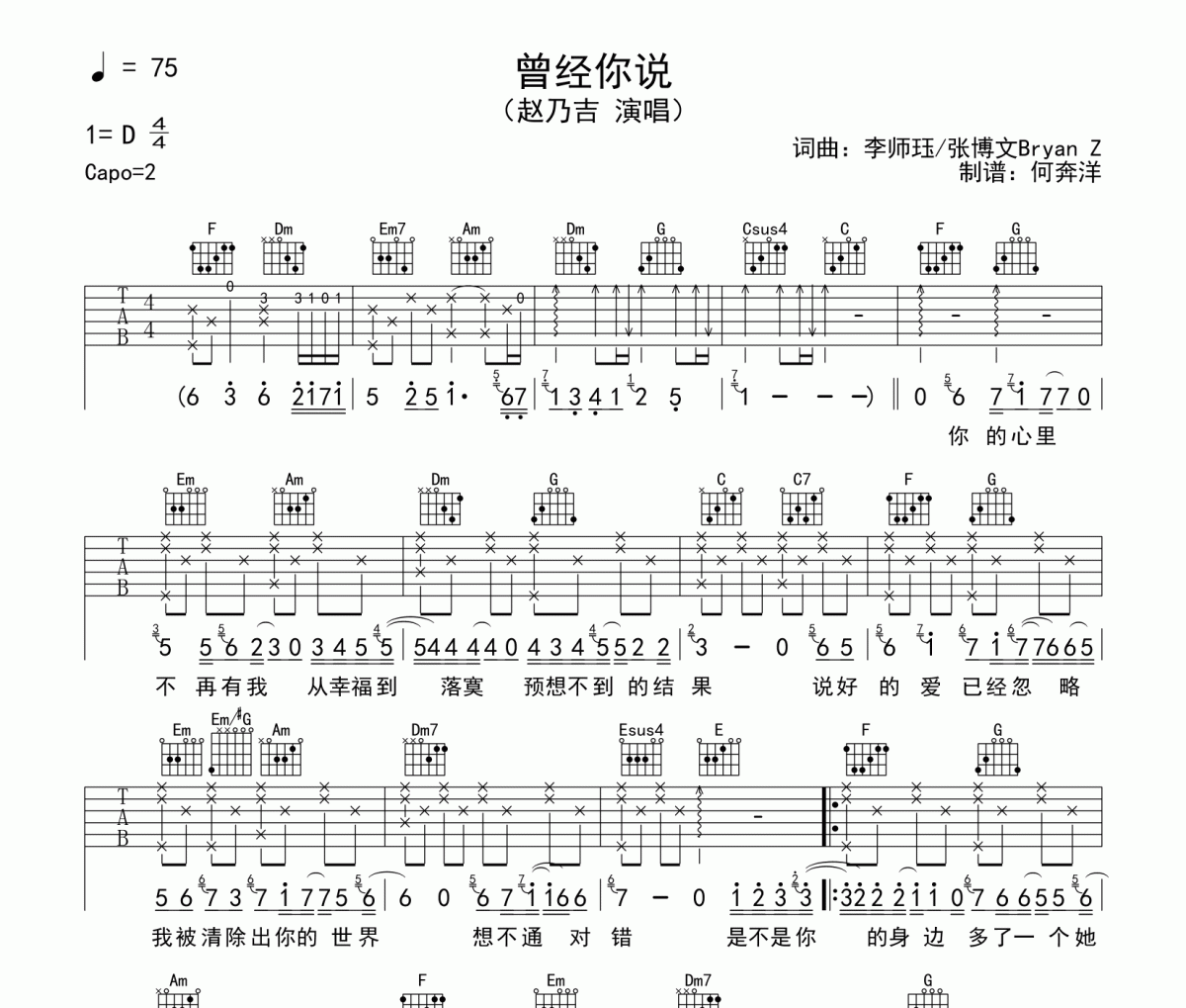 曾经你说吉他谱 赵乃吉《曾经你说》C调弹唱谱