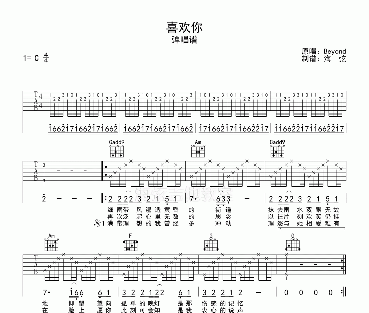 喜欢你弹唱吉他谱C调 Beyond乐队 黄家驹吉他谱
