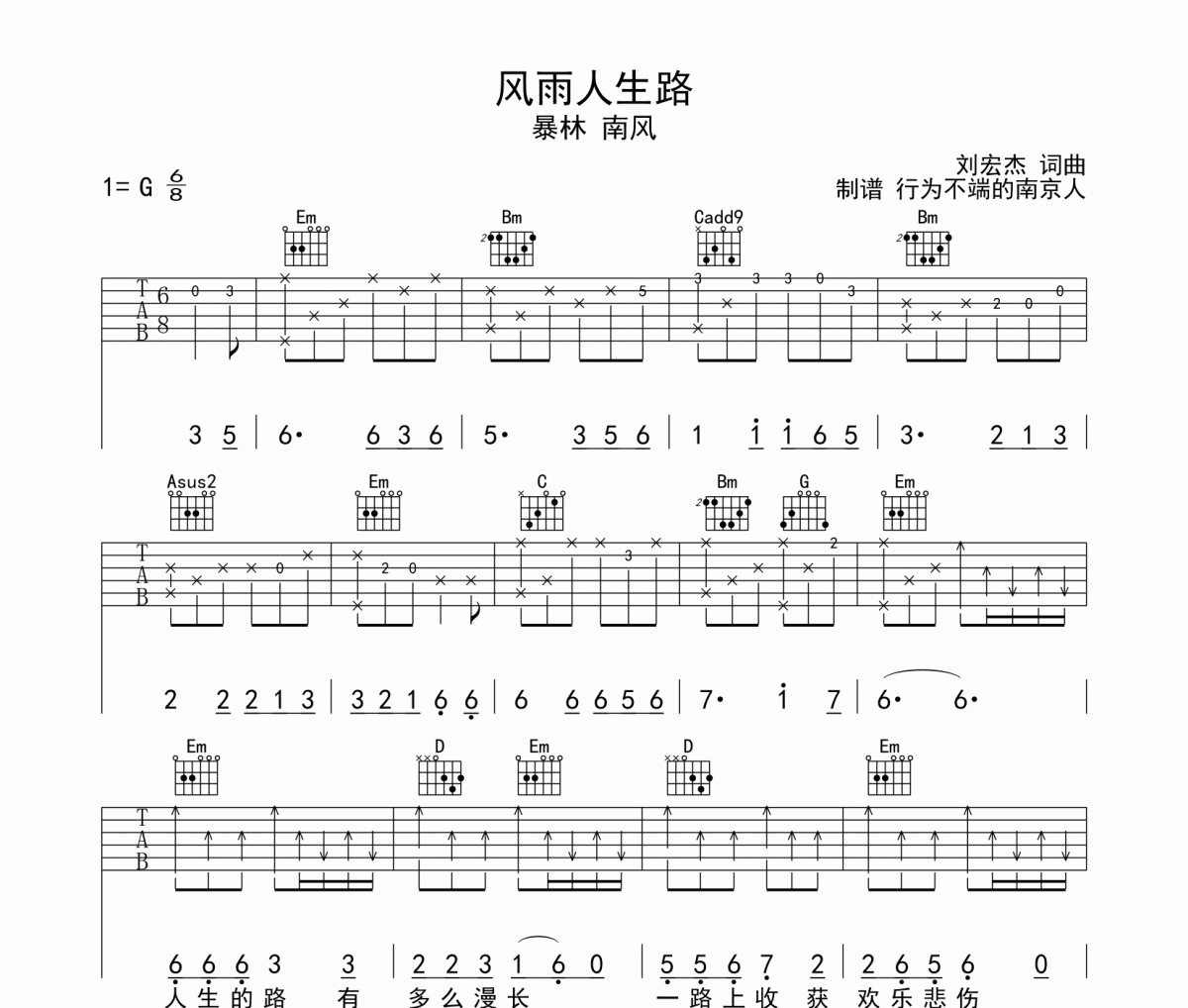 暴林/南风《风雨人生路》吉他谱六线谱G调