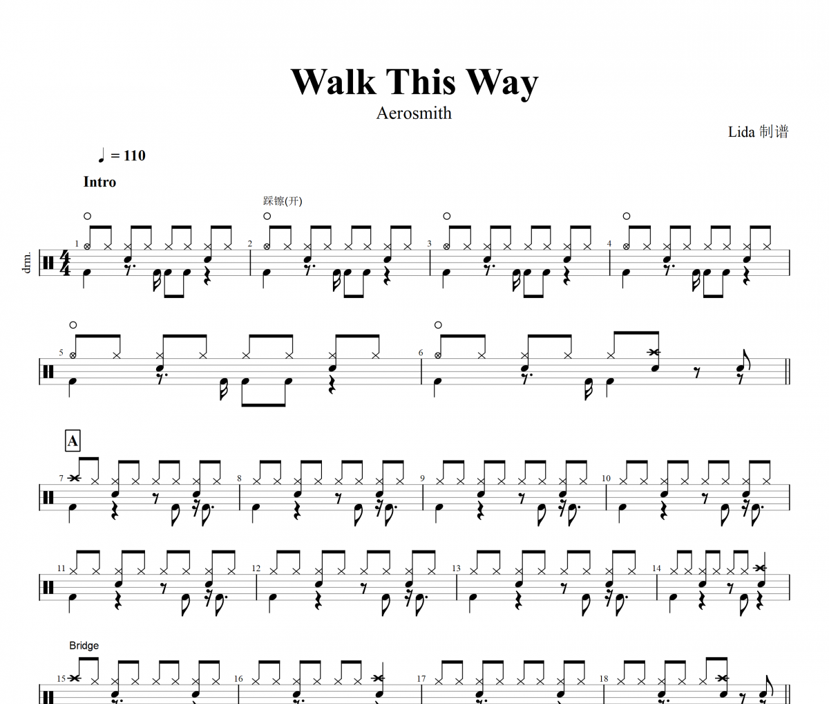 Walk This Way鼓谱 Aerosmith-Walk This Way架子鼓谱+无鼓伴奏