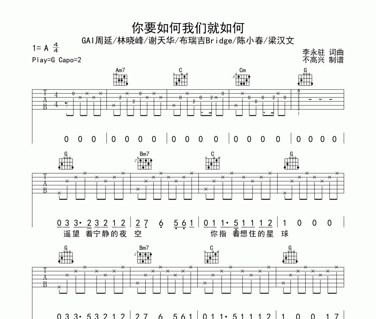 你要如何我们就如何吉他谱 GAI周延/林晓峰/谢天华/布瑞吉Bridge/陈小春/梁汉