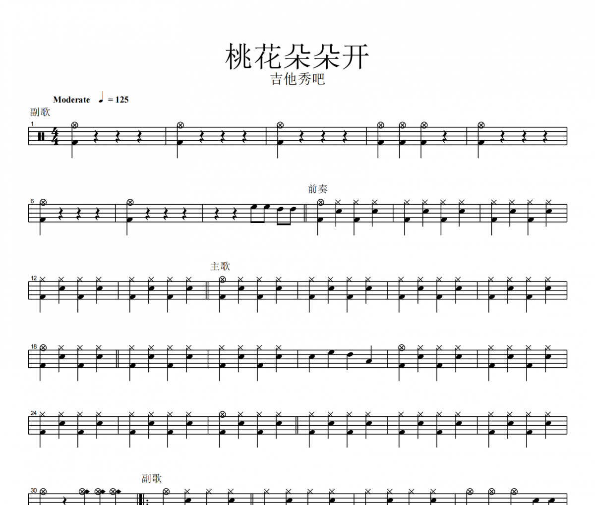 阿牛《桃花朵朵开》架子鼓谱爵士鼓曲谱