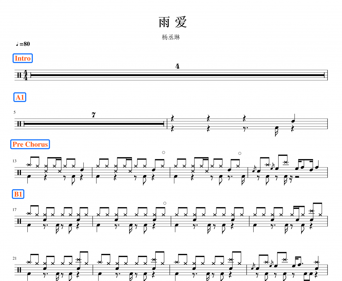 杨丞琳《雨爱》架子鼓谱爵士鼓曲谱