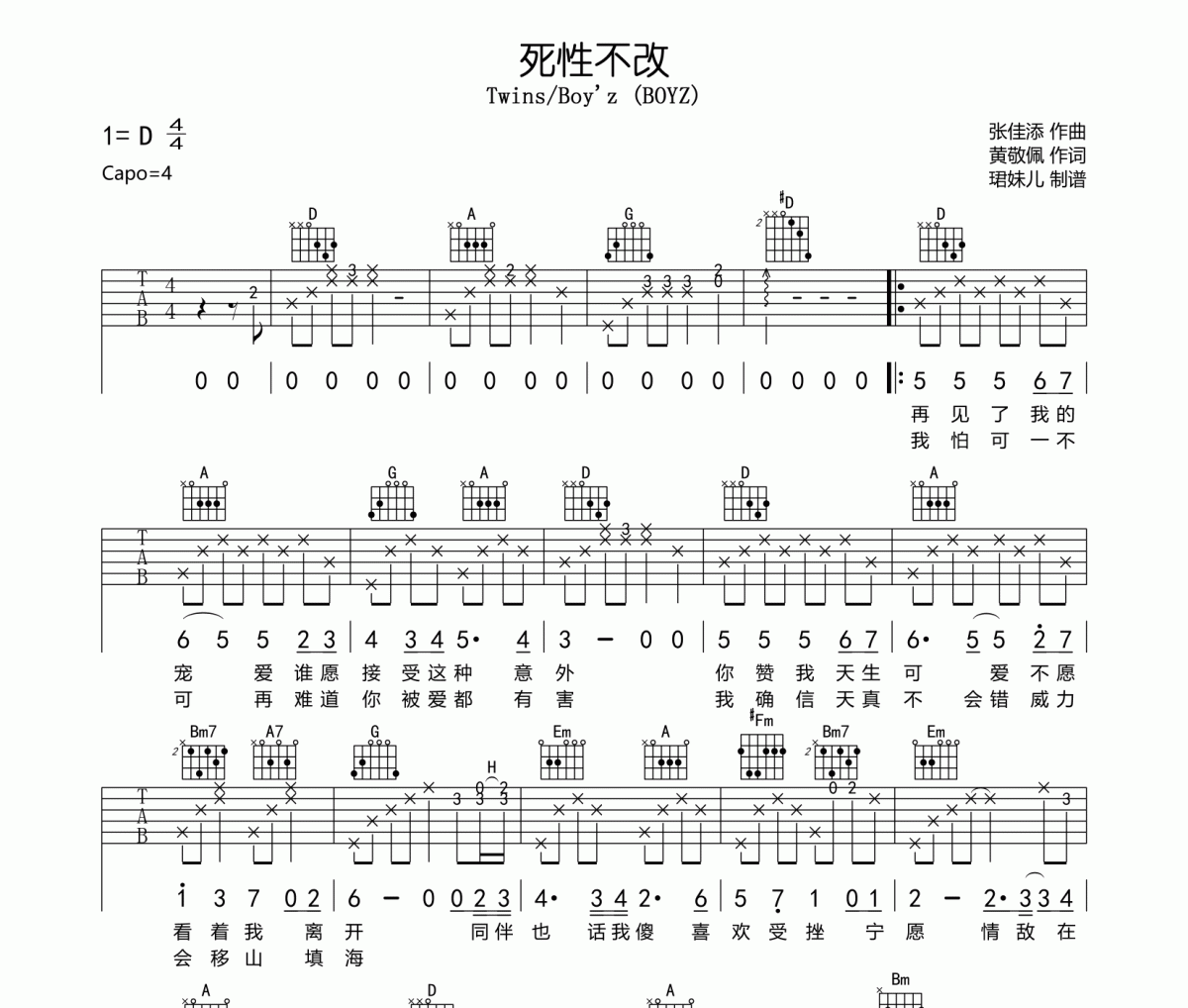 死性不改吉他谱 Twins/Boy'z (BOYZ)-死性不改D调编配弹唱