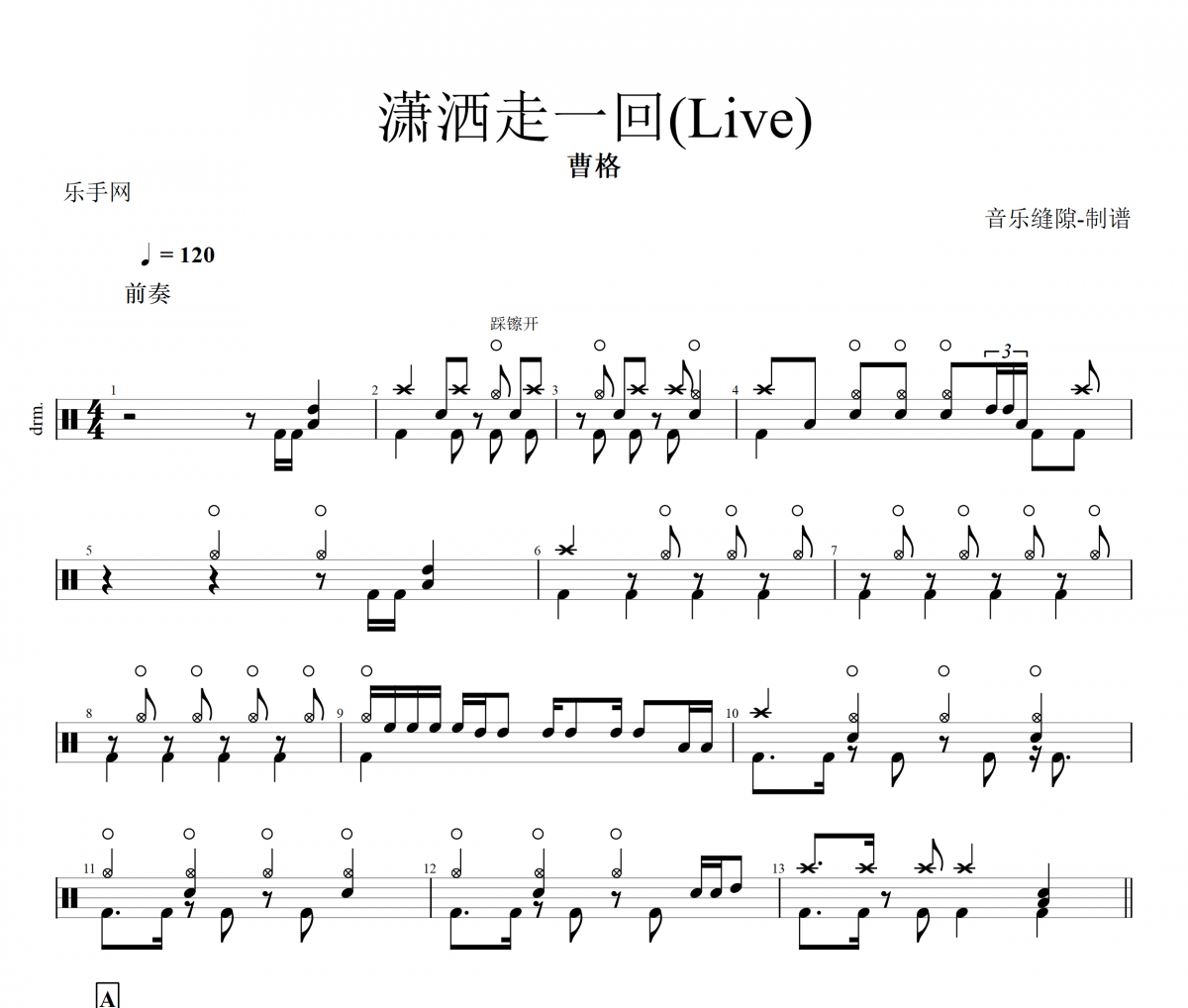 潇洒走一回鼓谱 曹格-潇洒走一回(Live)架子鼓谱