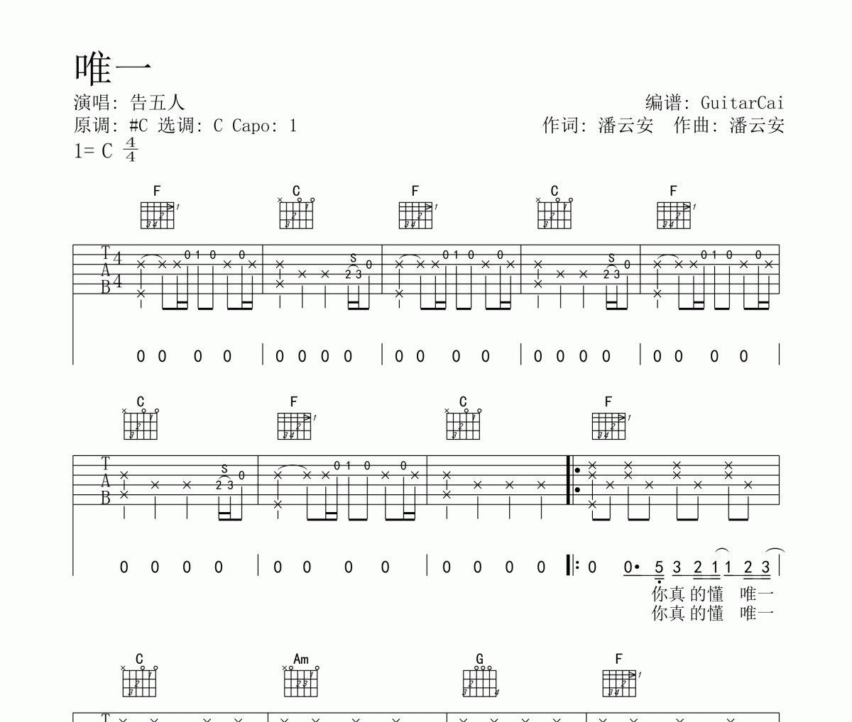 告五人吉他谱 潘云安-告五人六线谱C调