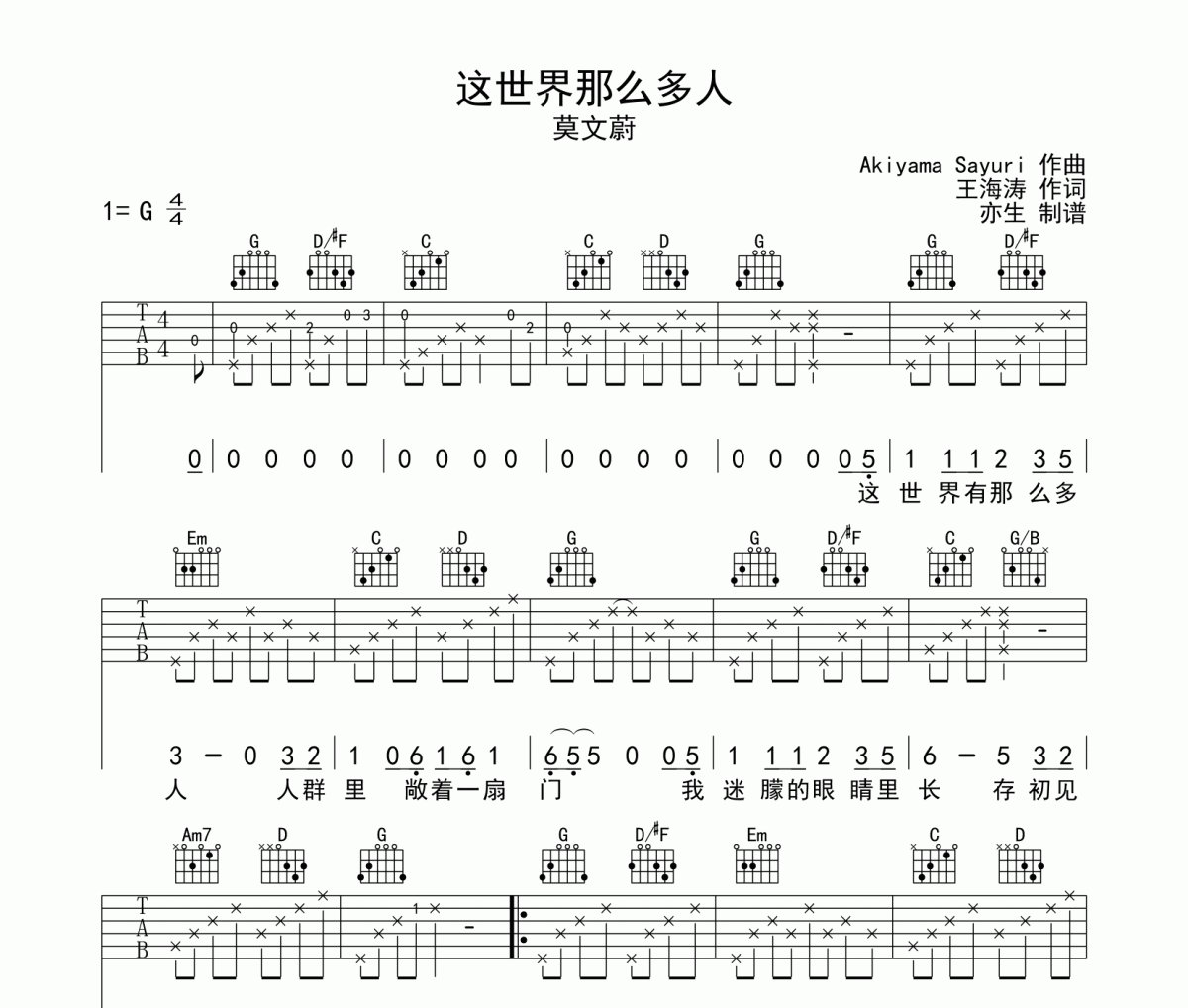 这世界那么多人吉他谱 莫文蔚-这世界那么多人六线谱G调