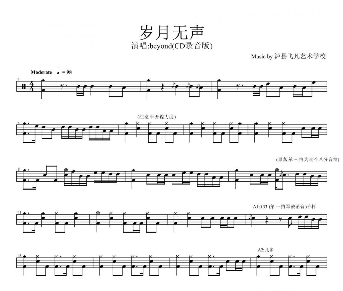 岁月无声鼓谱 beyond乐队-岁月无声(CD录音原版)架子鼓谱