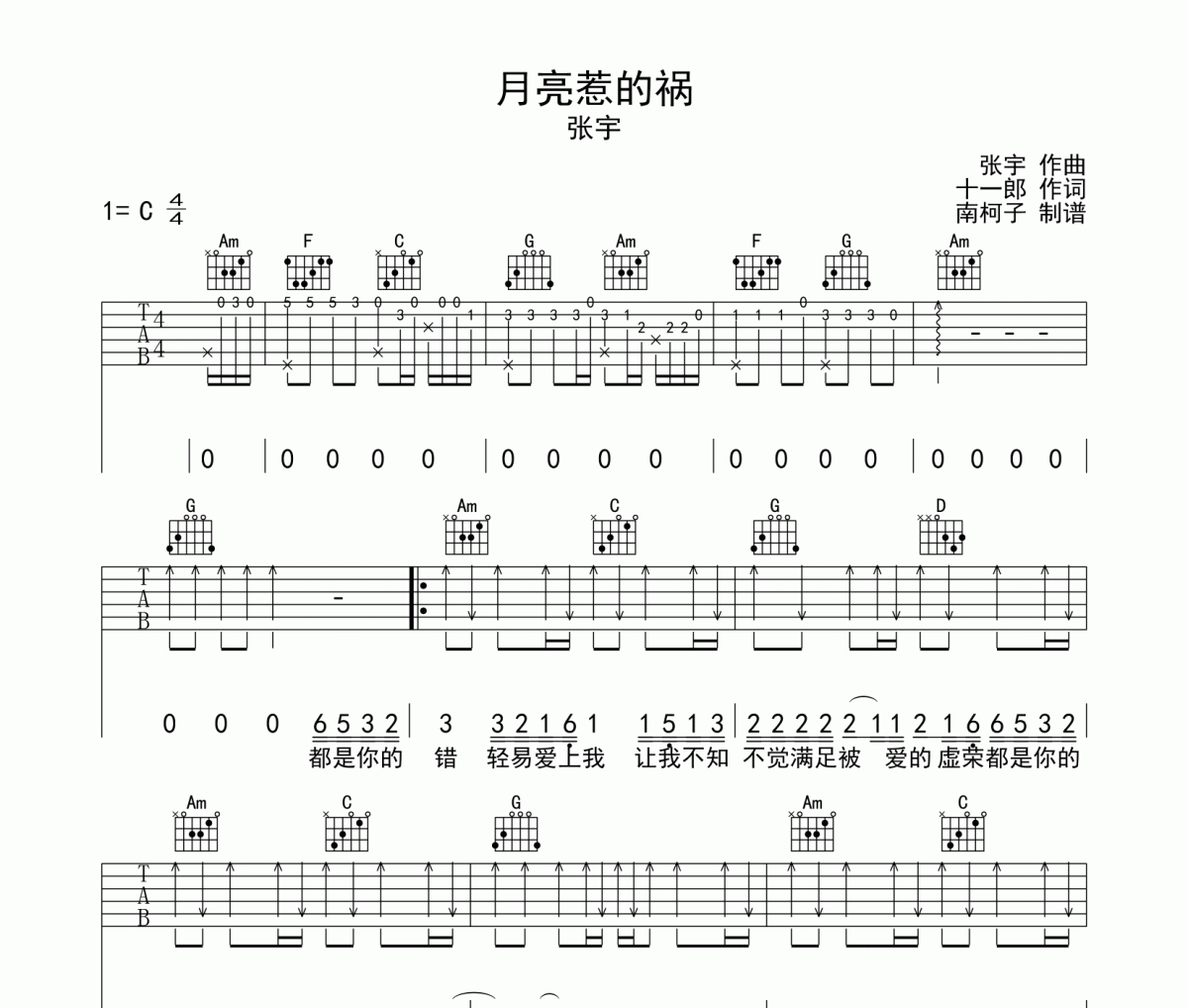 月亮惹的祸吉他谱 张宇-月亮惹的祸六线谱C调
