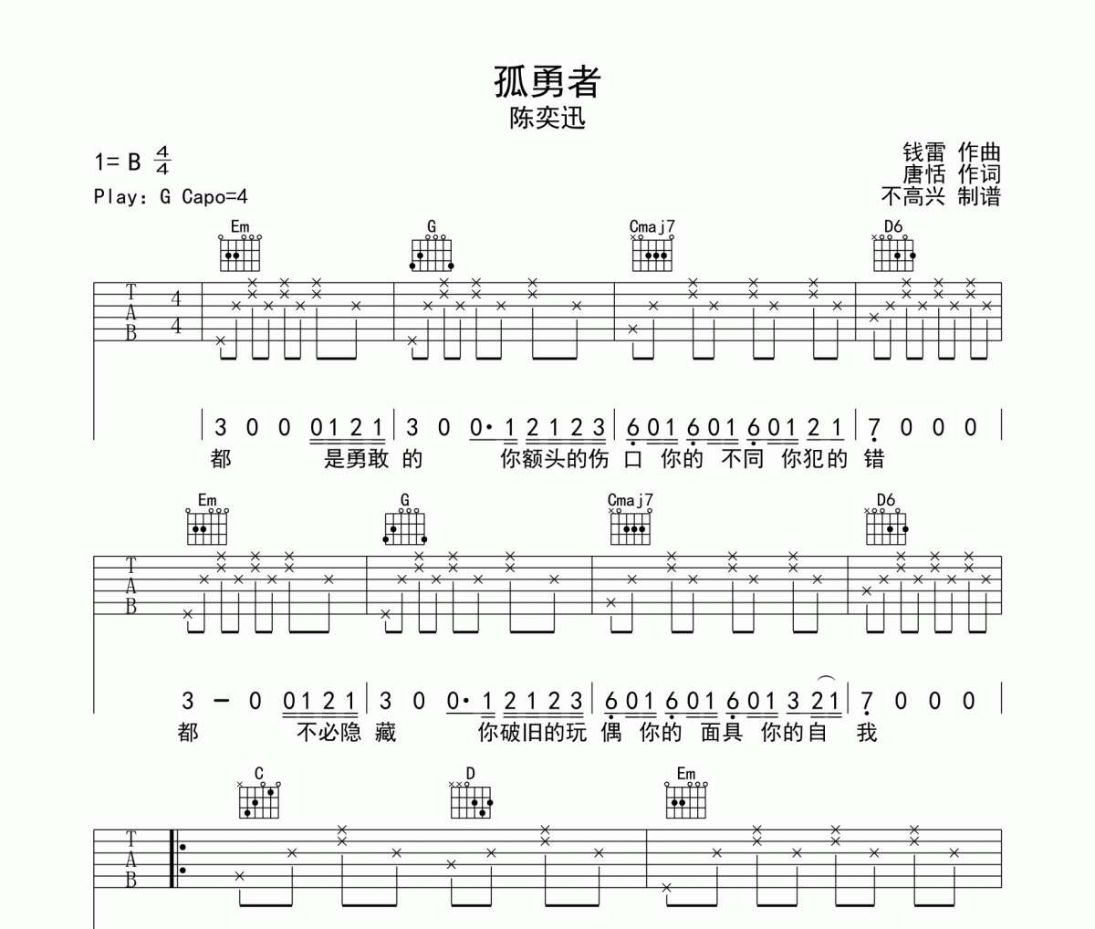 孤勇者吉他谱 陈奕迅《孤勇者》六线谱G调编配