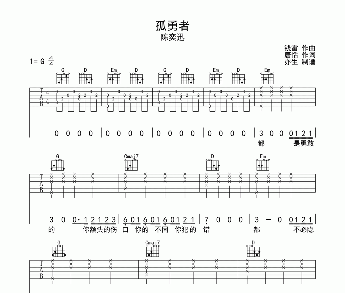 孤勇者六线谱 陈奕迅-孤勇者吉他弹唱谱
