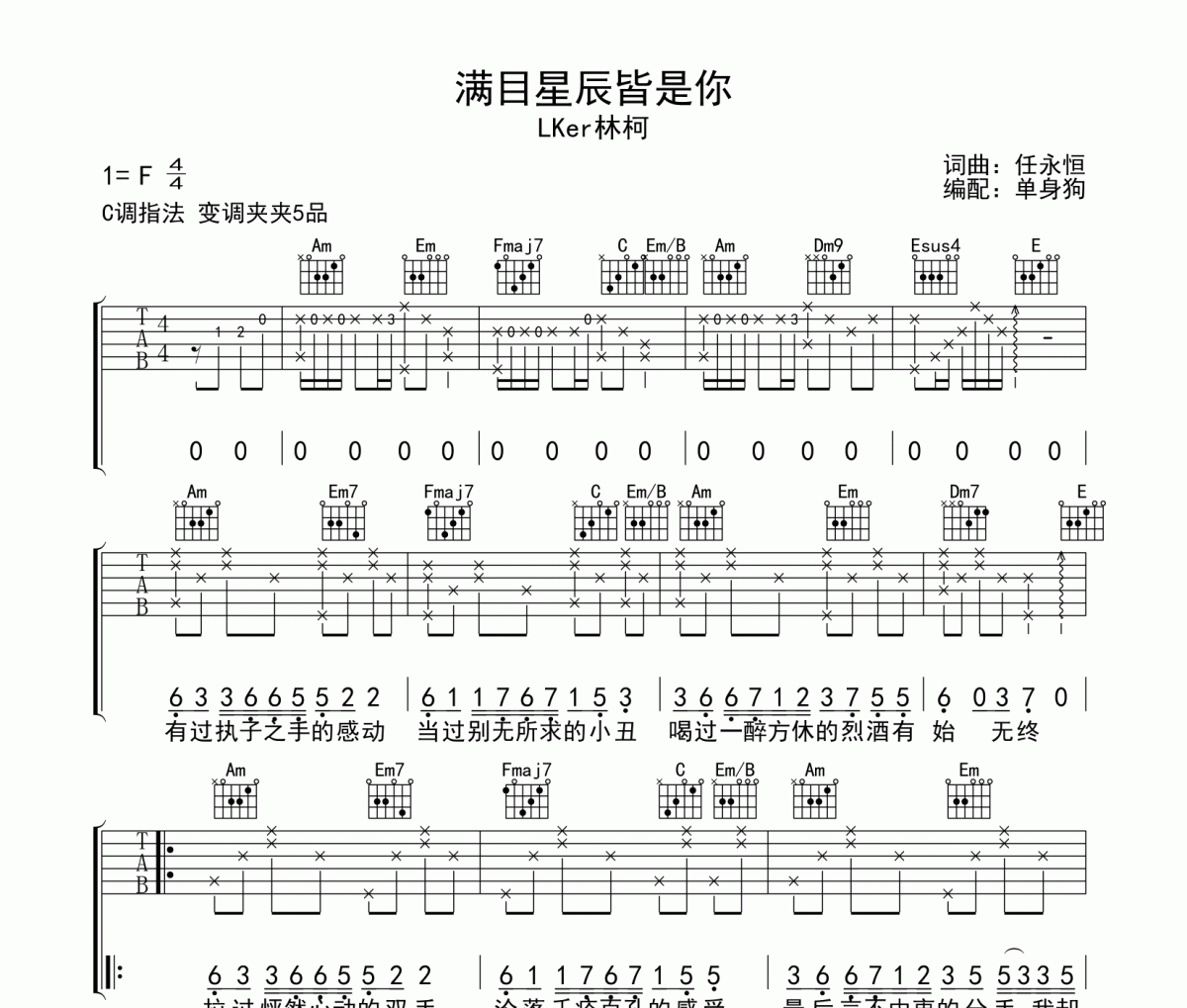LKer林柯-满目星辰皆是你吉他谱六线谱C调编配