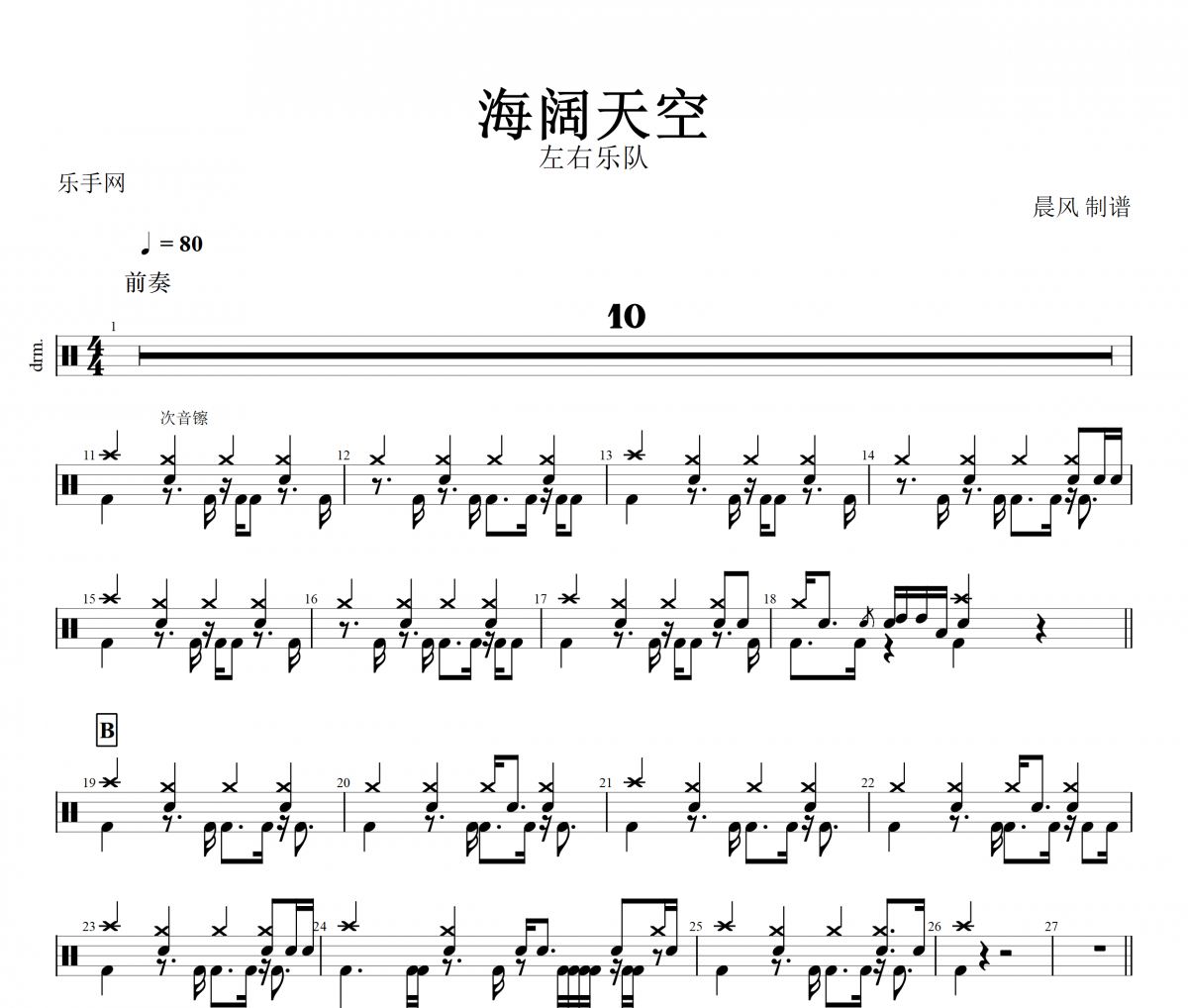 海阔天空鼓谱 左右乐队-海阔天空(双踩)架子鼓谱