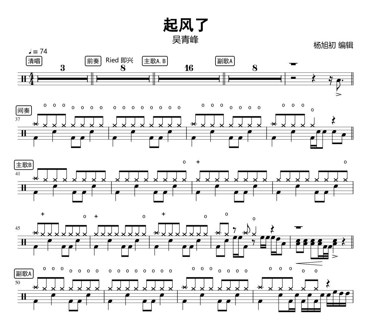 起风了鼓谱 吴青峰《起风了》架子鼓谱